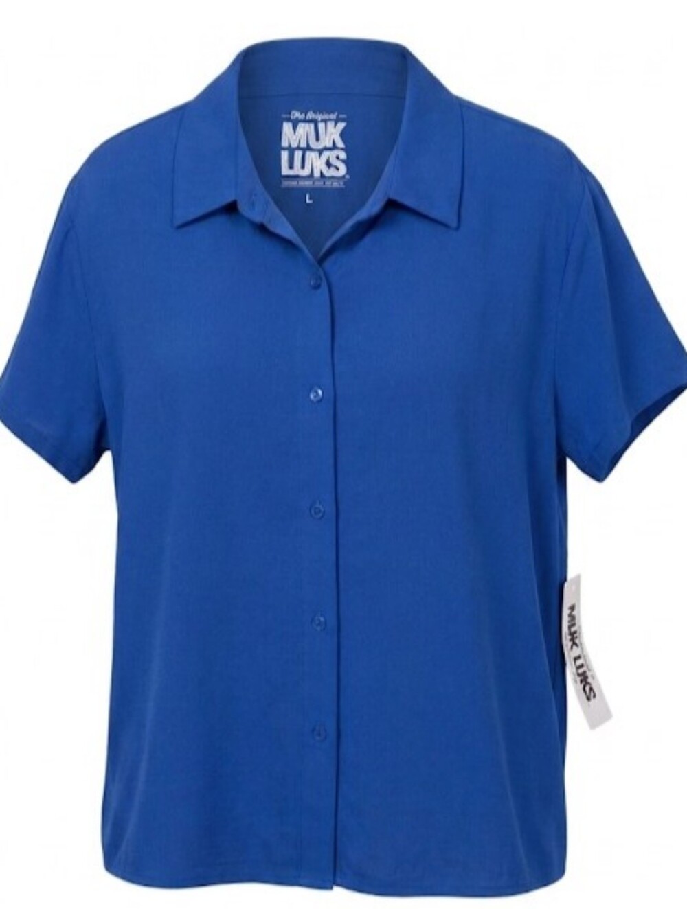 MUK LUKS Women’s Bright Blue Short Sleeve Button-Down Shirt, Size L